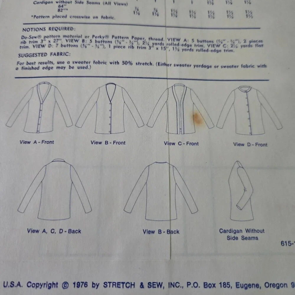 Stretch & Sew 615 sewing pattern Classic Cardigan Sweaters 70s UNCUT Vintage